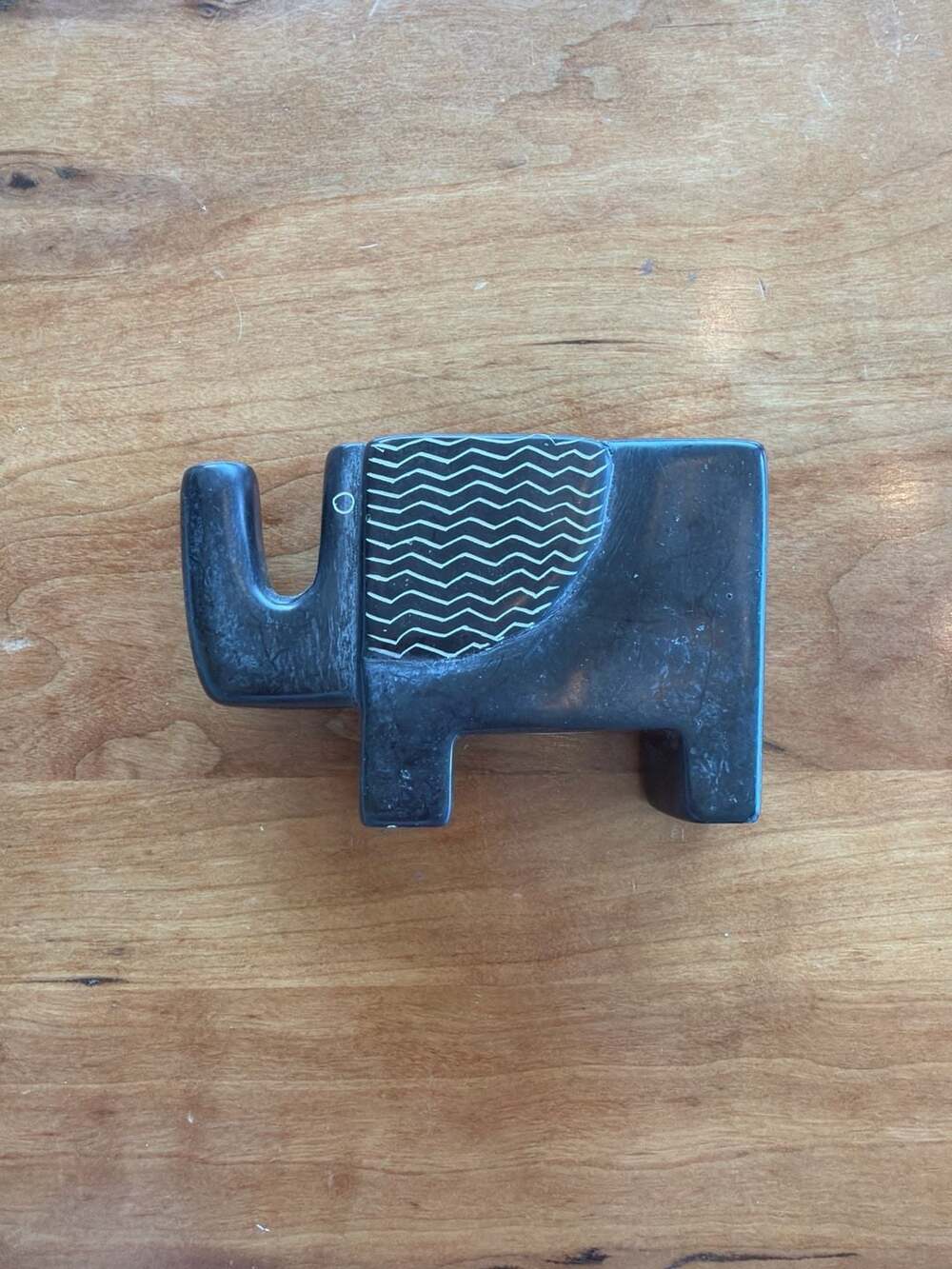 Swahili Modern Hand-Carved Black Soapstone Elephant Sculpture with Etched Zig-Za